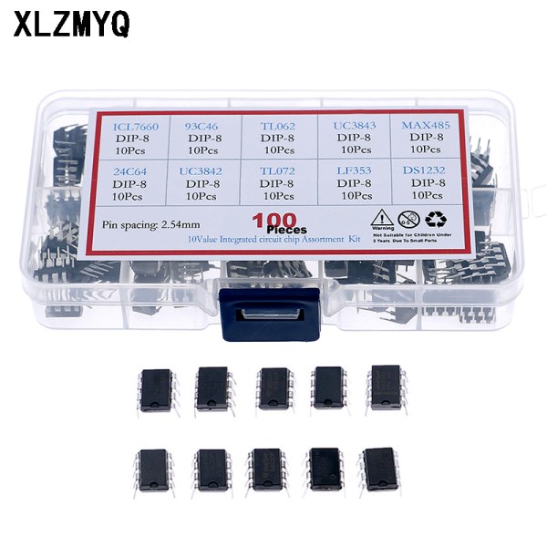 100Pcs IC Integrated Circuit Chip Assortment Kit Icl7660 93C46 TL062 UC3843 MAX485 24C64 UC3842 TL072 LF353 DS1302 DIY Kits