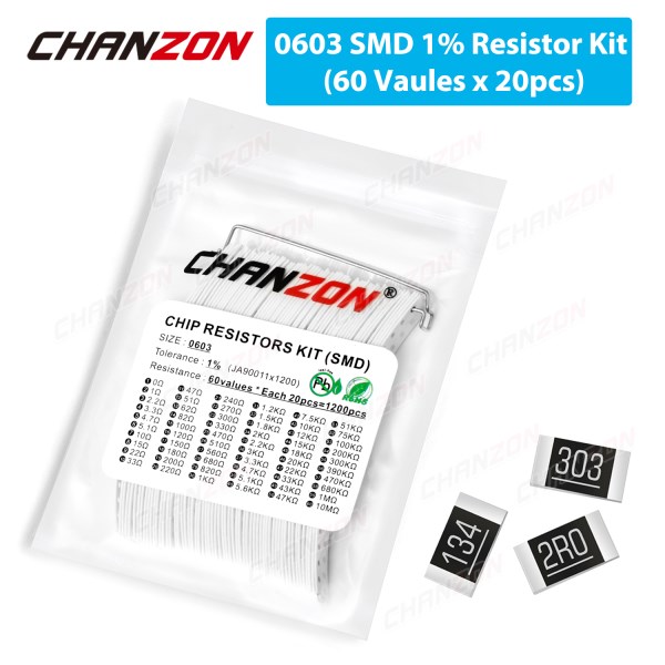 60 Values x 20Pcs SMD 0603 Resistors Assorted Set 1200 Pcs 0ohm - 10M Ohm 110 Watt 1% High Precision Film Chip Resistance Kit