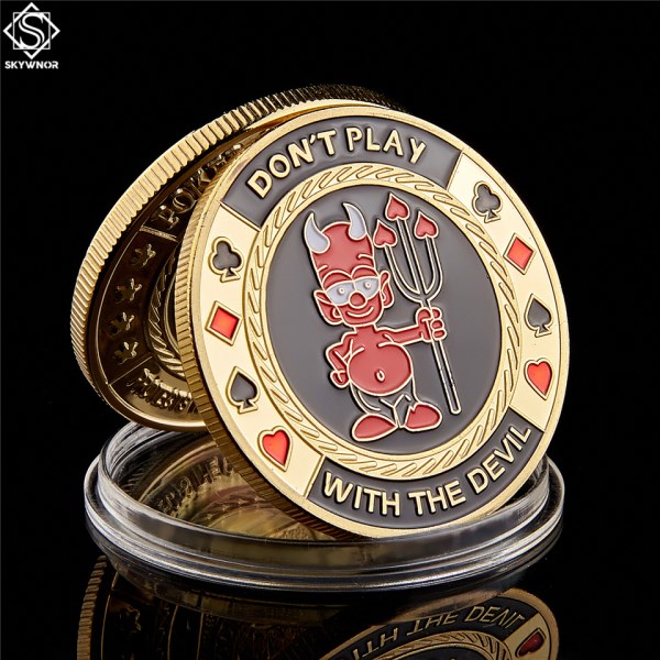 Poker Chip Don't Play with The Devil" Casino Challenge Metal Coin Plated Gold Poker Card Guard With Coin Capsule