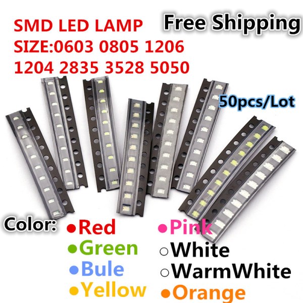 50pcs 3528 SMD LED Emitting Diode Kit Lamp Chip Light Beads Warm White Red Green Blue Yellow Orange UV Pink RGB Micro SMT