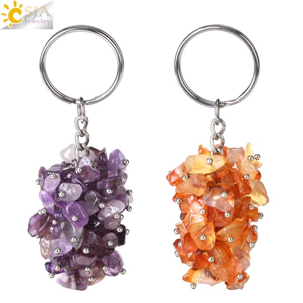 CSJA Natural Black Rock Crystal Keychain with Chip Stone Original Keychains for Men Car Key Chain Ring Bag Accessories G889