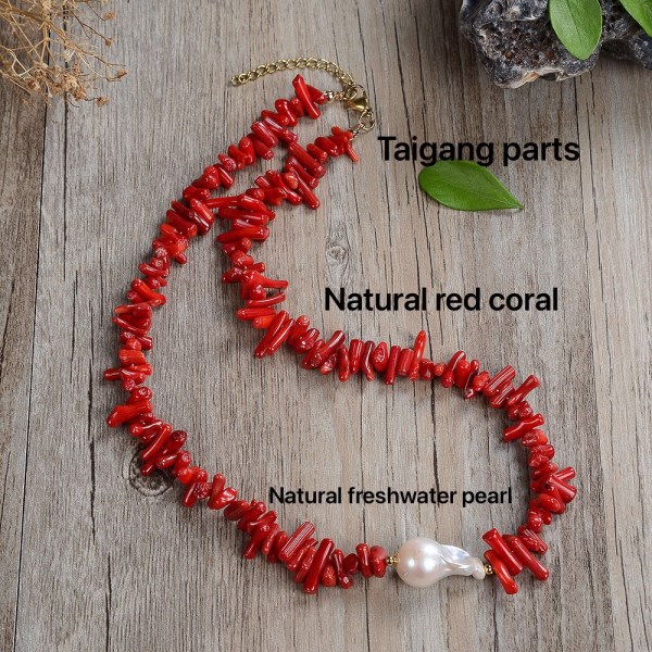 Natural gemstone irregular red coral chip stone natural freshwater pearl jewelry making stainless steel accessories necklace