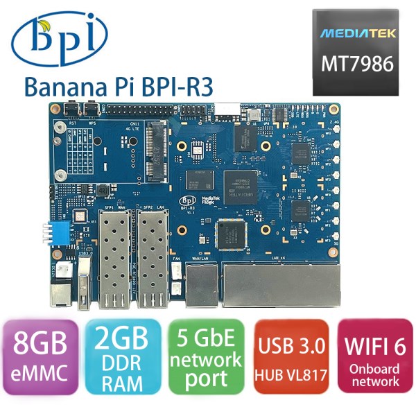 Banana Pi BPI R3 Router Board With MediaTek MT7986 Quad Core ARM A53 + MT7531A Chip Design,2G DDR RAM,8G eMMC Flash Onboard