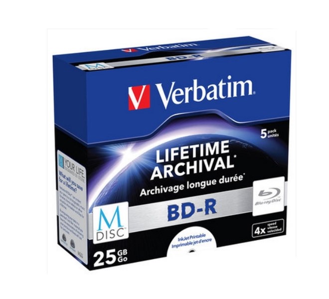 Verbatim MDisc M-Disc Blu ray BDR Blu-Ray Disc BD-R 25GB Lifetime Archival Injet Printable 4X Archivage Longue Duree 5pcsLot