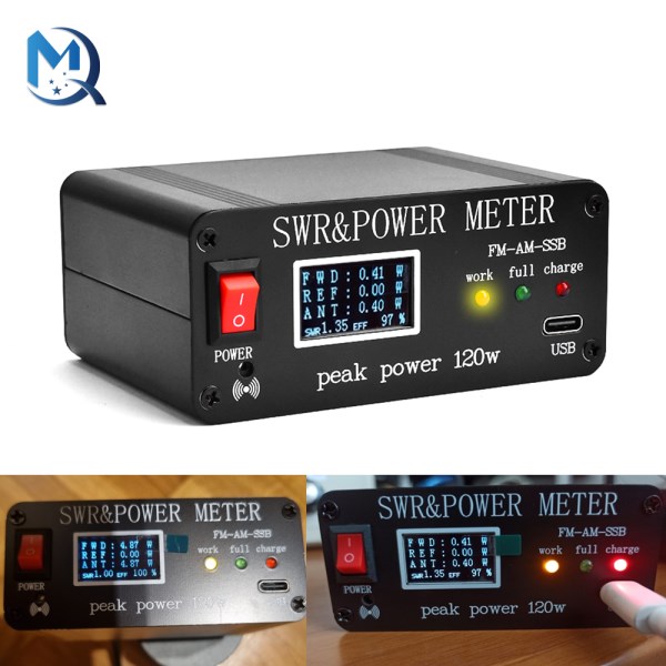 1.8MHz-50MHz 0.5W-120W SWR HF Short Wave Standing Wave Meter SWR and Power Meter + Battery + OLED FM AM CW SSB