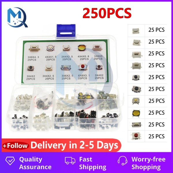 250PcsBox 10 Model SMD Tactile Push Button Switch Kit Car Remote Control Tablet Micro Momentary Key Touch Switch Assortment Set