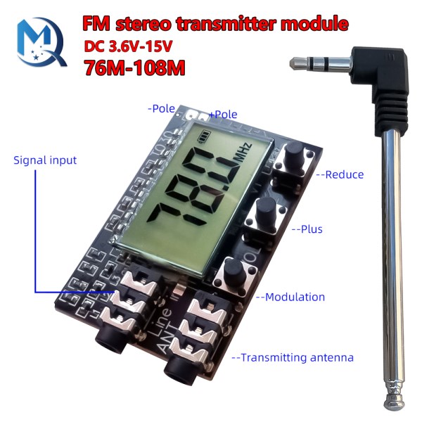 Digital LCD 2 channel FM stereo transmitter board wireless audio transmission fm 78MHz to 108MHz module with antenna