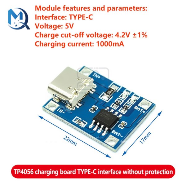Usb Type-C 18650 Tp4056 Lithium Battery Charger Module Charging Board Interface Without Protection