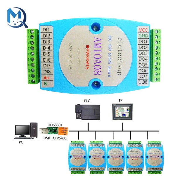 8DI-8DO Digital Input And Output Module Optocoupler Isolated RS485 MODBUS RTU Communication Board DC7-25V
