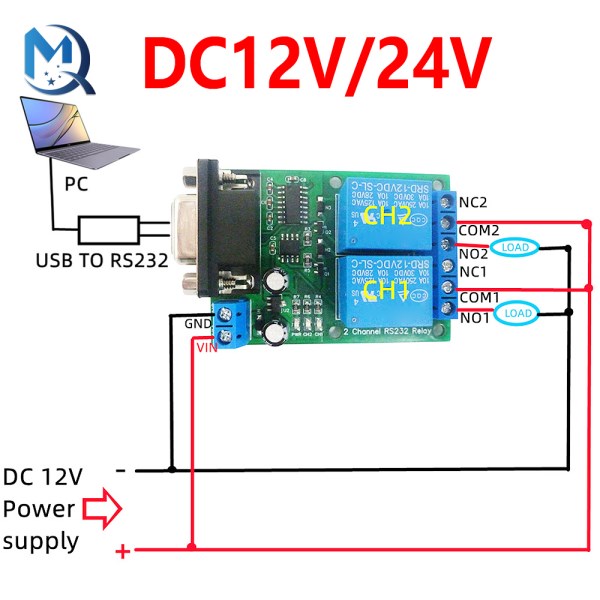 2 Channel Relay Board RS232 DC 12V 24V Serial Port Switch Module for PLC Motor LED PTZ Industrial control equipment