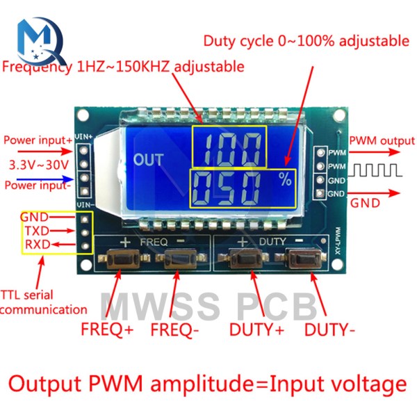 3.3V 30V PWM Pulse Frequency Duty Cycle Adjust Signal Generator Rectangular Square Wave Digital LCD Display Module 1Hz-150Khz