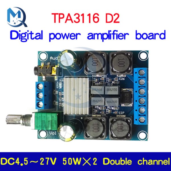 DC 4.5-27V TPA3116 D2 Dual Channel Stereo Digital Power Amplifier Board 50Wx2 Amplifier Reverse Protection Adjustable Switch
