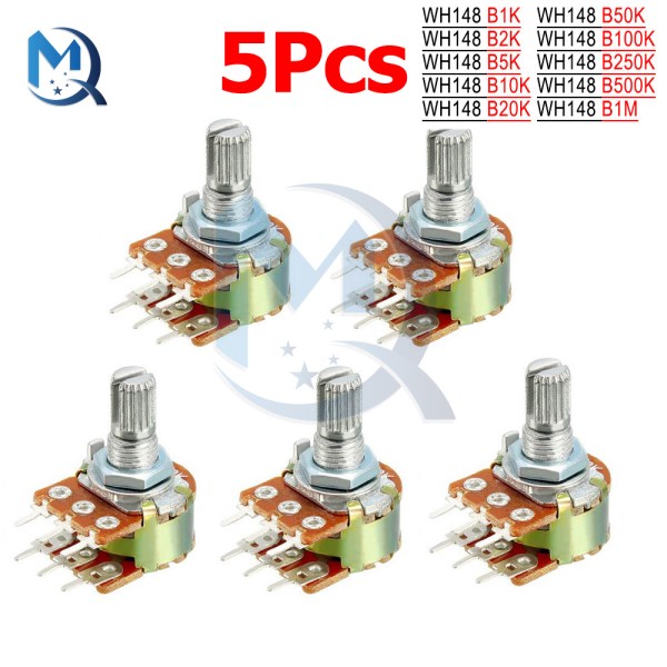 5pcs WH148 B1K B2K B5K B10K B20K B50K B100K B500K 6 pin Shaft Amplifier Dual Stereo Potentiometer 1K 5K 10K 50K 100K 500K 1M Ohm