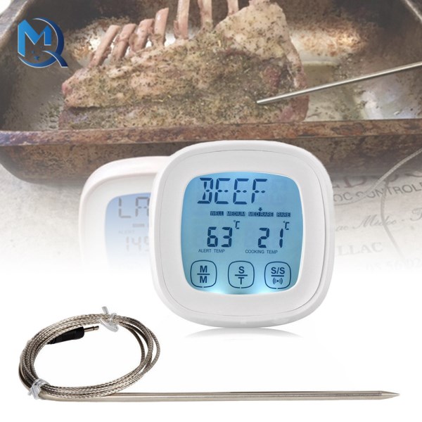 Digital Meat Thermometer for Oven BBQ Grill Kitchen Food Smoker Cooking Backlight Touchscree with Timer Alarm A Waterproof Probe