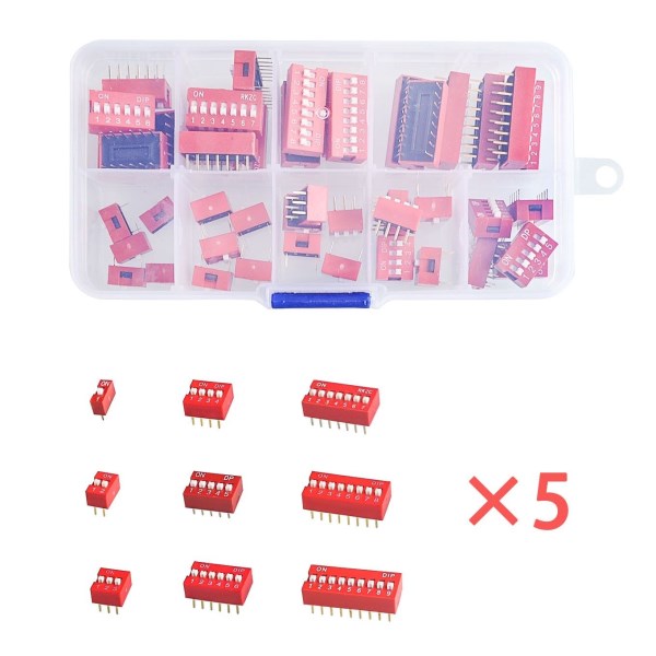45PCSLOT Dip Switch Kit In Box 1 2 3 4 5 6 7 8 9Way 2.54mm Toggle Switch Red Snap Switches Mixed Kit Each 5PCS Combination Set