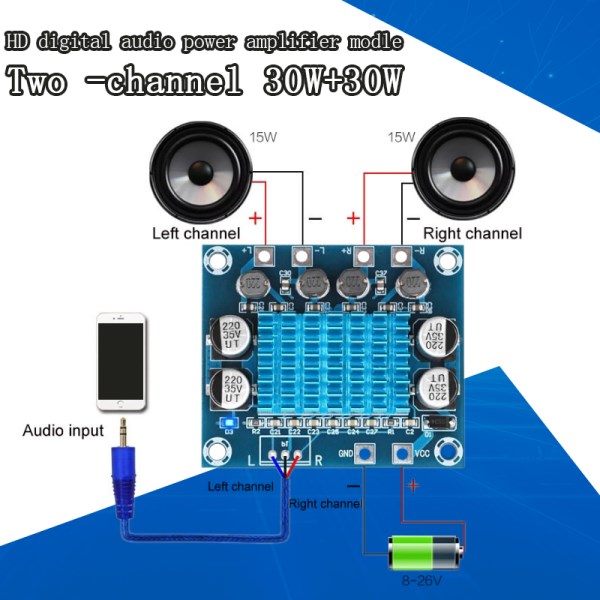 TPA3110 XH-A232 30W+30W 2.0 Channel Digital Stereo Audio Power Amplifier Board DC 8-26V 3A