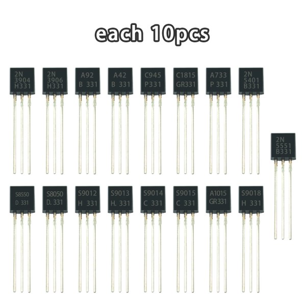 170pcspack Triode Transistor Assorted Kit 17Vvalues*10pcs TO-92 S9012 S9013 S9014 S9015 S9018 A1015 C1815A42 A922 N5401 2N5551