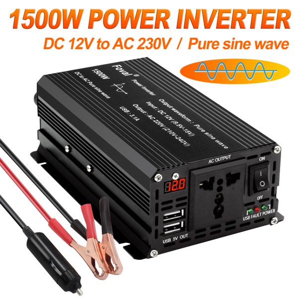 DC 12V to AC 220V Pure Sine Wave Inverter 1000W1500W2200W2600W3000W LED Voltmeter Converter Transformer Universal EU Socket