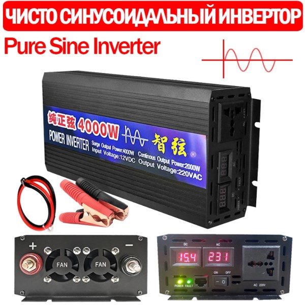 Pure Sine Wave Inverter Power 4000W 3000W 2000W DC 12V 24V To AC 220V Voltage 5060HZ Converter Solar Car Inverters With LED Dis