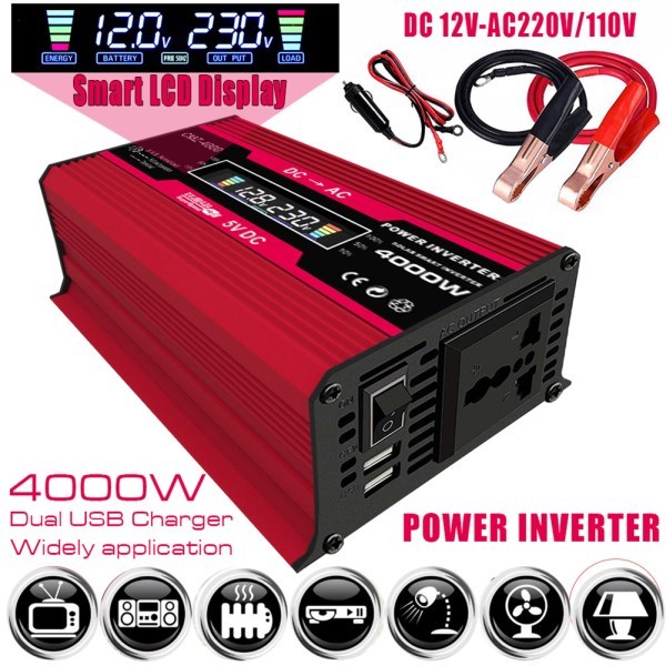 4000W LED Display Car Power Inverter Converter Adapter Dual USB Voltage Modified Sine Wave Transformer 12V To 220V 110V Inverter