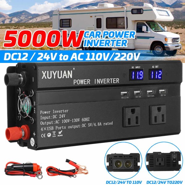 LCD Display Car Power Inverter Converter Charger 5000W DC 12V24V To AC 220V110V 4 USB Voltage Transformer Modified Sine Wave