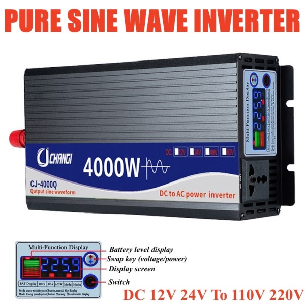 Pure Sine Wave Inverter 3000W 4000W Power DC 12V 24V To AC 110V 220V Voltage Color Display Converter Solar Car Inverters