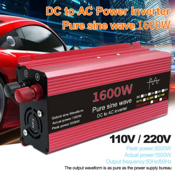 10001600W Pure Sine Wave Car Inverter DC 12V 24V To AC 110V 220V Voltage Transformer Power Converter Solar Car Accessories Part