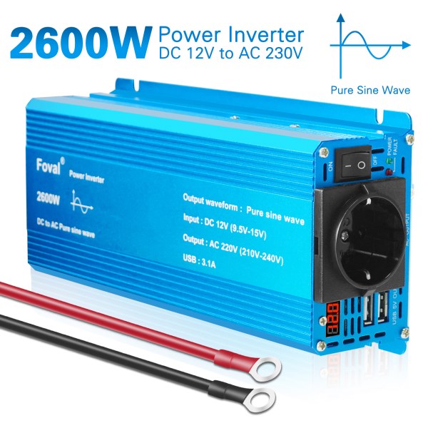2600W Pure Sine Wave DC 12V TO 220V Rate Power Peak Car Plug Inverter Adapter Power Converter with 3.1A USB Charging