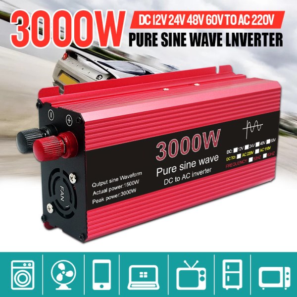 3000W 2200W 1600W Pure Sine Wave Inverter Voltage DC 12V 24V To AC 110V 220V Transformer Power Converter Solar Inverter Home Car