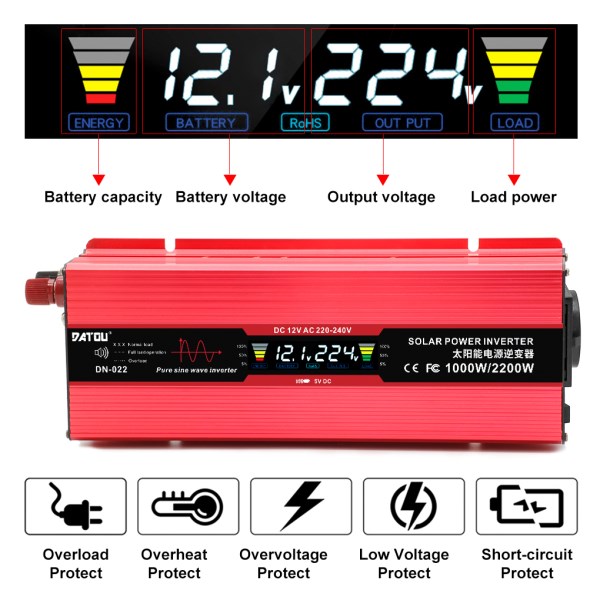 Pure Sine Wave Inverter 1000W 2000W Peak Power Inverter 12V DC to 110V220 AC Car Charger Converter with Dual AC Outlets & LED