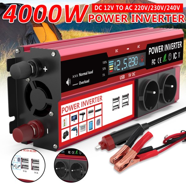 3000W4000W power inverter LCD display DC 12V to AC 220V 4 USB car micro wechselrichter 700W EU socket car dc to dc charger