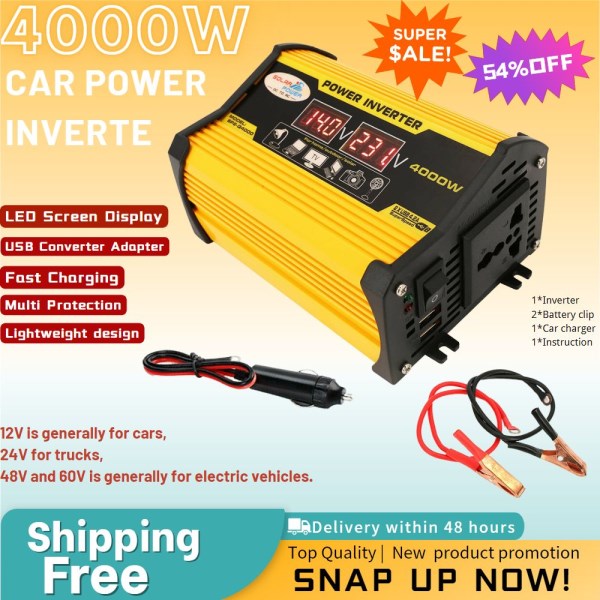 4000W Car Power Inverter LED Voltage Display 12V to AC 220V 110V Dual USB Converter Adapter Modified Sine Wave Car Inverter