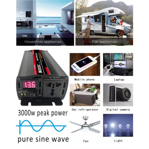 3000W Pure Sine Wave Power Inverter DC 12v 24v To AC 220V For Solar PanelHomeOutdoorRVCamping Wave Power Inverter Converters