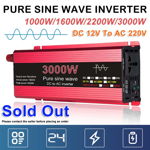 1000160022003000W Peaks Power CarHome Digital Display Power Converter DC 12V24V To AC 220V Pure Sine Wave Inverter