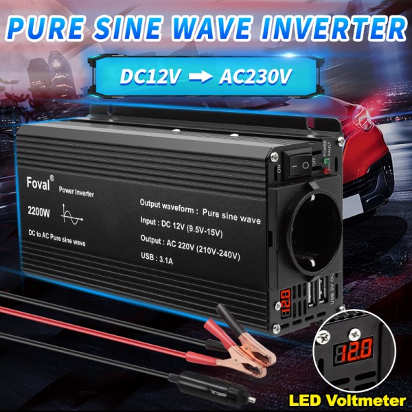 Pure Sine Wave Inverter DC 12V to AC 220V 230V 1500W2200W2600W Voltage Transfer Converter Universal EU Socket Auto Accessories