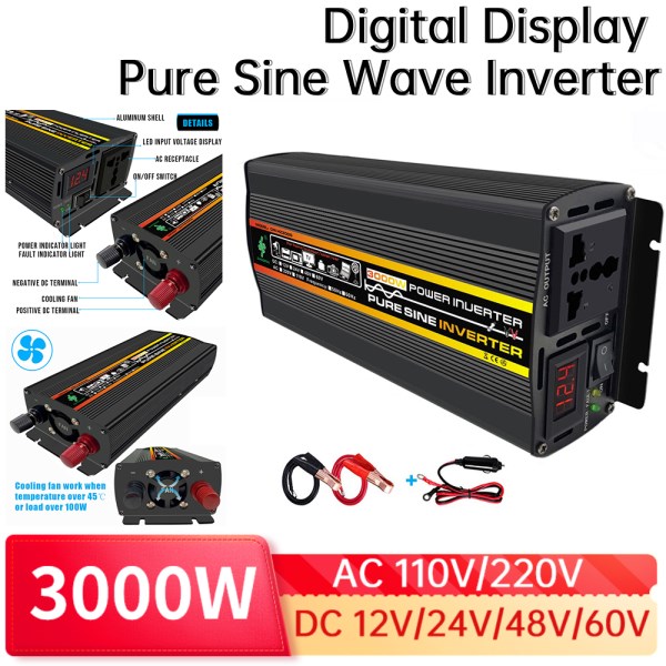3000W Home Car Power Inverter DC 60V 48V 24V 12V AC 110V-220V Pure Sine Wave Inverter Transformer Power Converter for Auto RV