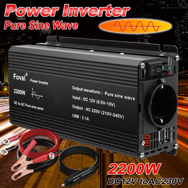 1500W 2200W Power Peak DC 12V TO AC 220V Car Plug Inverter Adapter Power Converter with 3.1A Dual USB Charging Pure Sine Wave EU