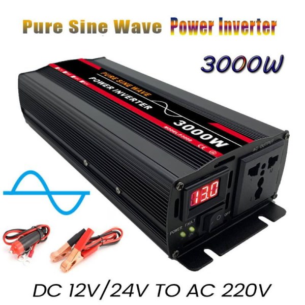 3000W Pure Sine Wave Power Inverter DC 12v 24v To AC 220V For Solar System Solar Panel Car Home Outdoor RV Camping Wave Power