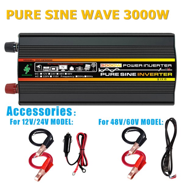 Pure Sine Wave 3000W Power Inverter LCD display DC 12V 24V to AC 220V USB Car Home Transformer Charging Converter
