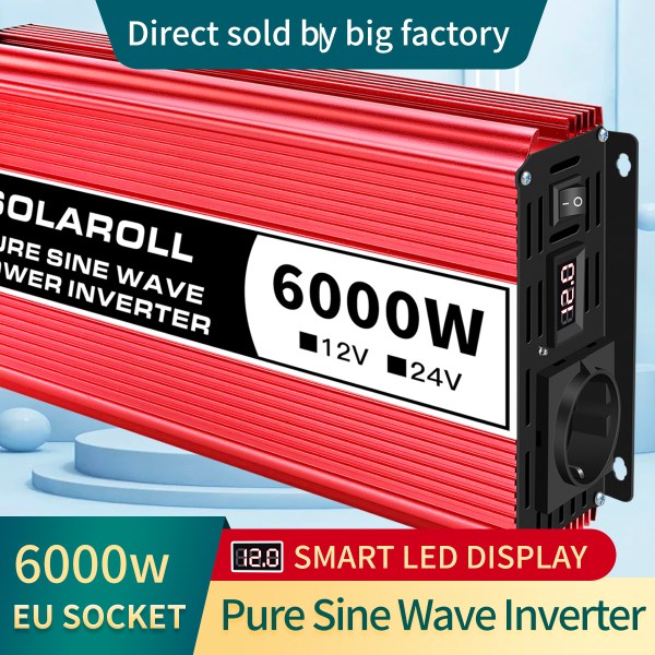 Inverter 6000W Pure Sine Wave Cnverter DC 12V24V to AC 220V Transformer Convert Europe Socket with LED Display 50HZ60HZ