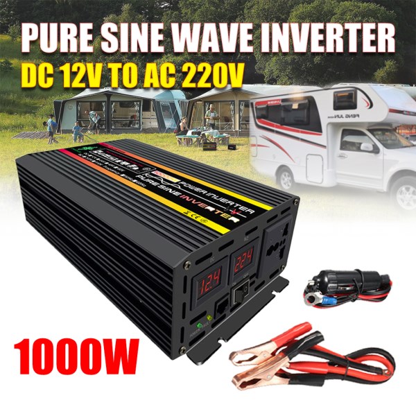 1000W Pure Sine Wave Inverter DC 12V To AC 220V Voltage Transformer Power Converter For Home Outdoor RV Car Solar System