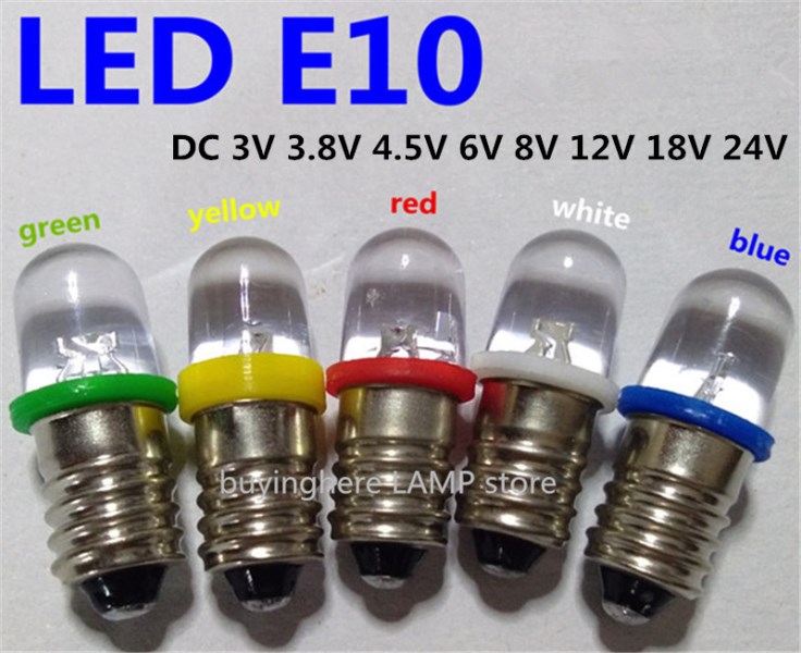 5pcs LED E10 6V Screw bulb Warning signal bulb 8v E10 24V Instrumentation 4.5v E10 12V blue Indicator red yellow green E10 3V