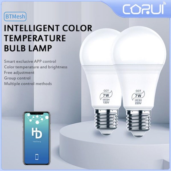 CORUI Smart LED Bulb Bluetooth Conected 7W4.5W RGBW Voice Control AC100-240V BT Mesh Net Group Mobile Phone APP Remote Control
